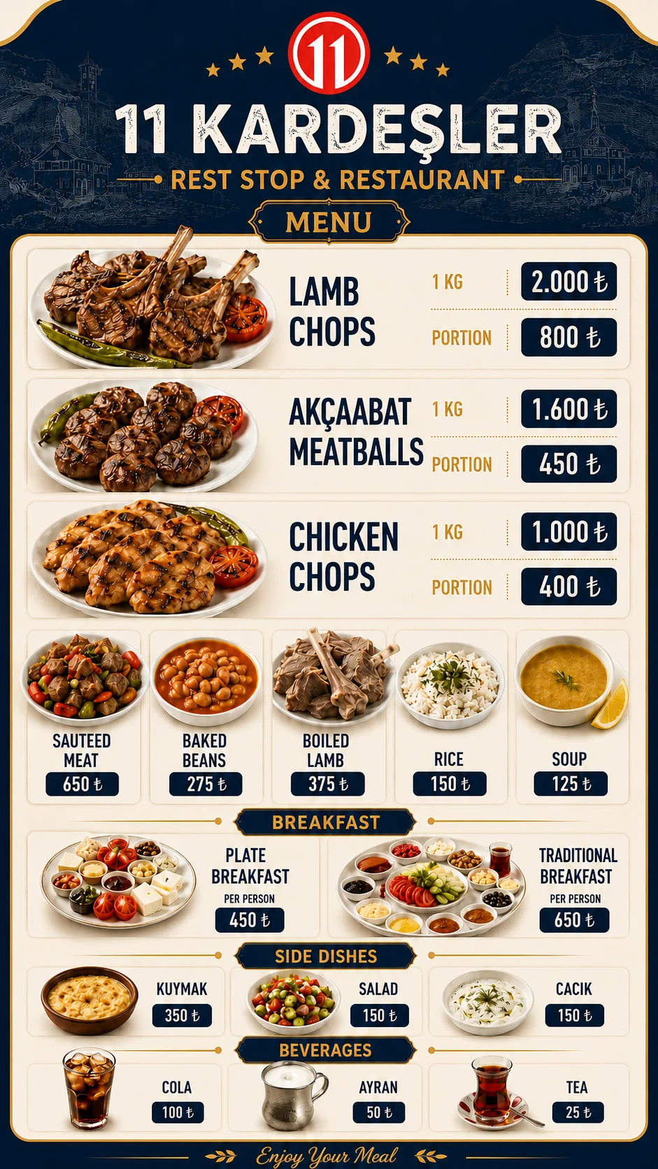 Full Onbir Kardeşler menu with current prices