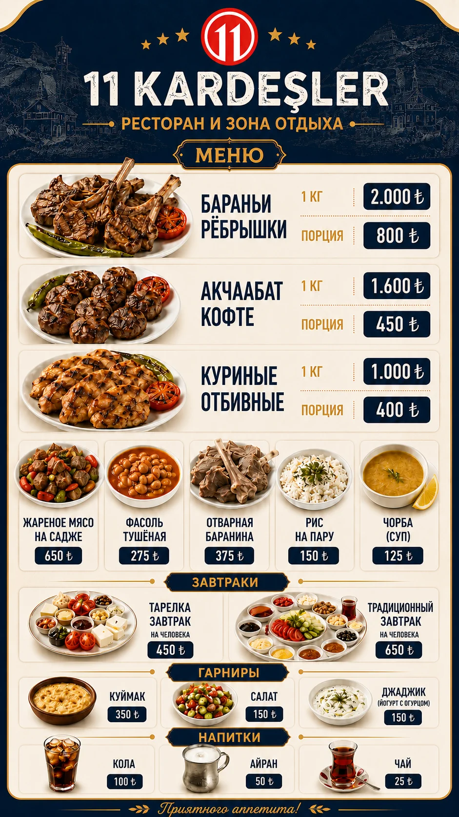 Полное меню Onbir Kardeşler с актуальными ценами