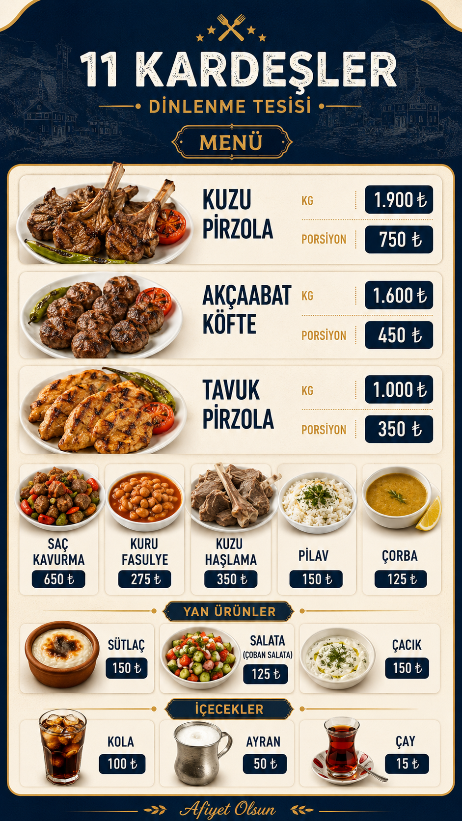 Onbir Kardeşler Dinlenme Tesisi menü
